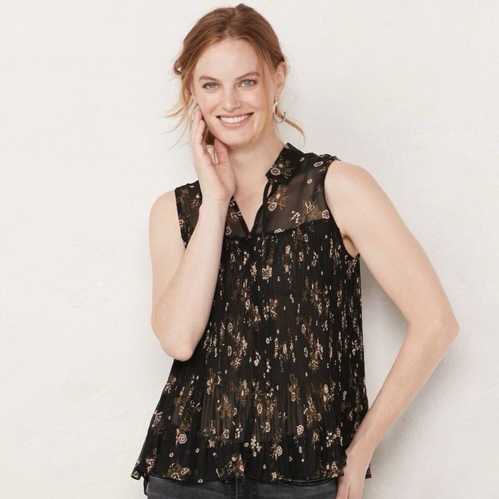 Lauren Conrad Black Floral Sheer Pleated Top Women’s XL Cream Romantic Blouse